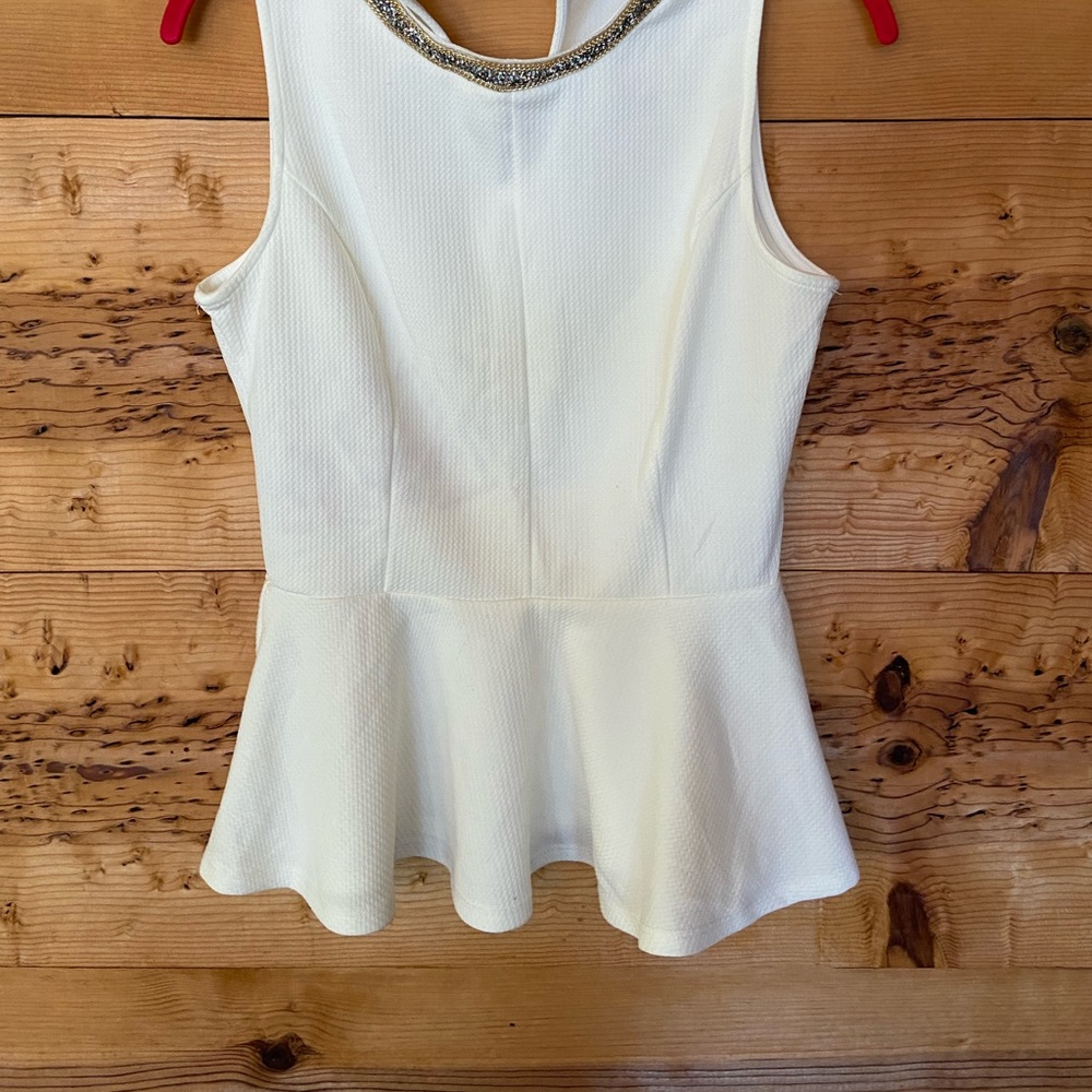 White/ Cream peplum top nice stretchy fabric beautiful stones and chain collar